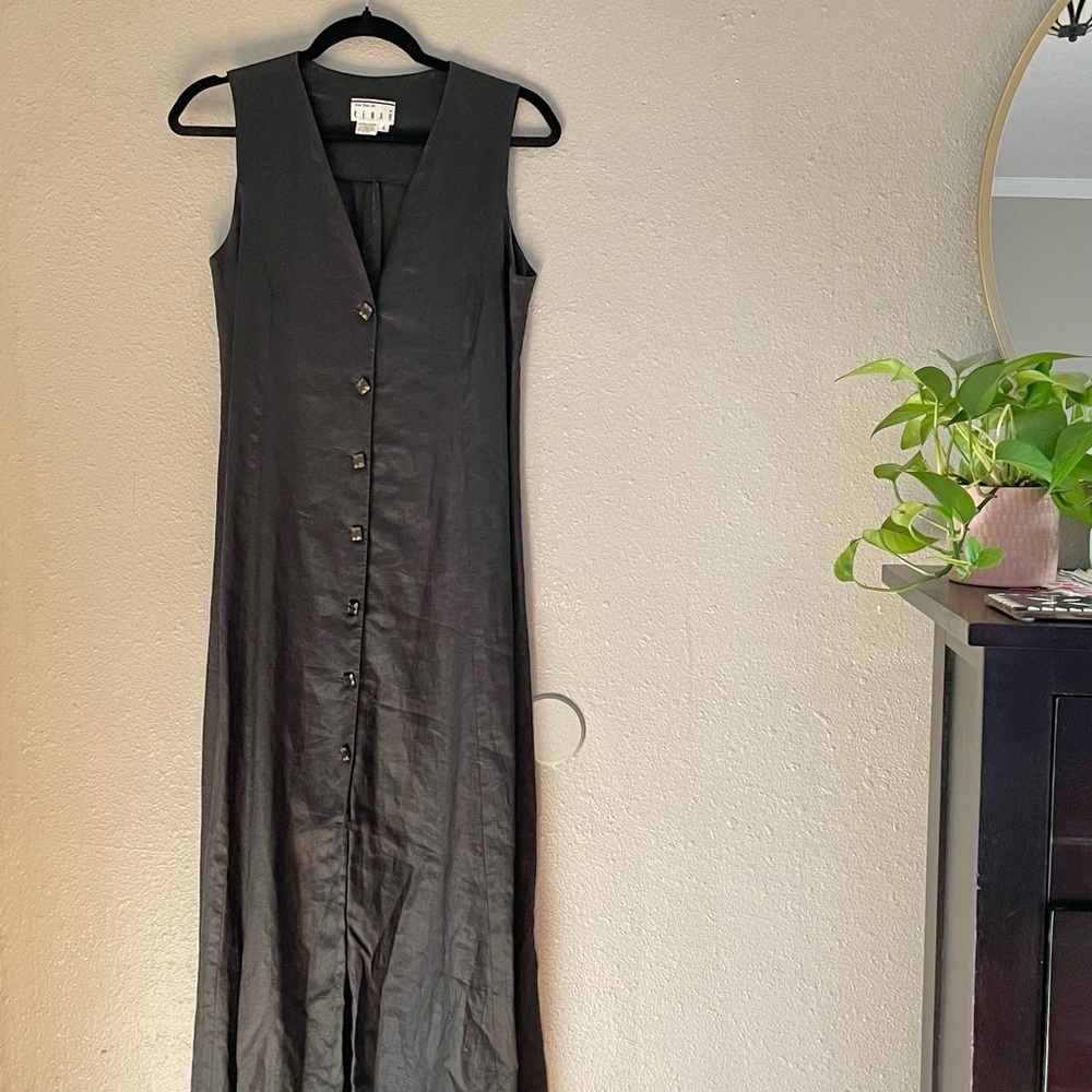 Pristine Vintage Linen Maxi Sleeveless Summer Dress with Waist Tie